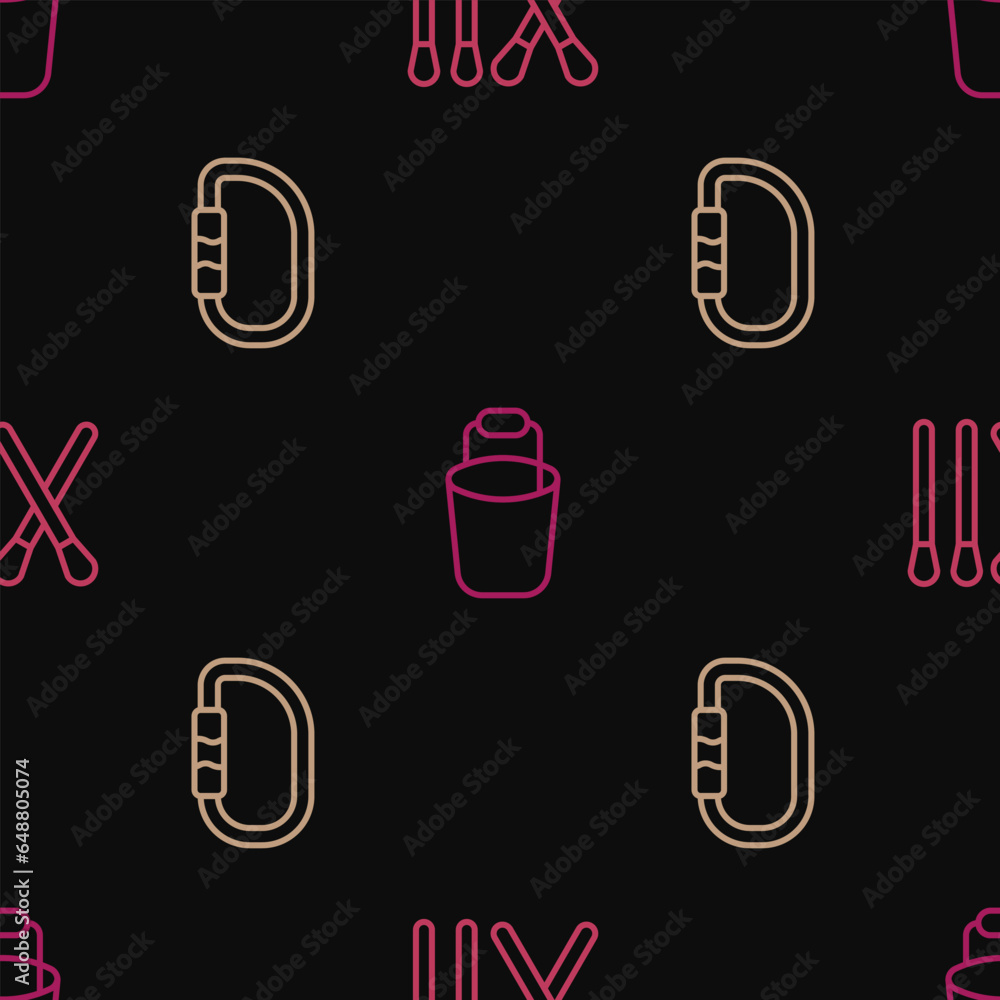 Poster set line match stick, carabiner and bucket on seamless pattern. vector