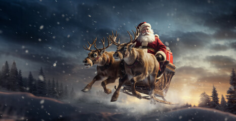 Santa in his sleigh on background dark forest. Generative AI - obrazy, fototapety, plakaty