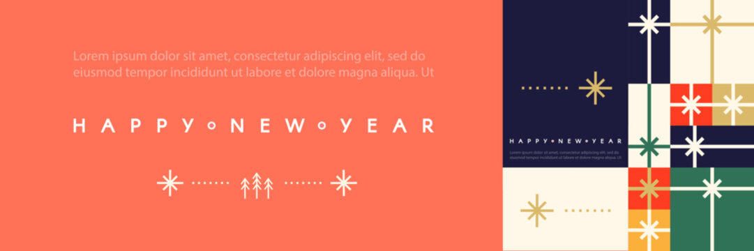 Merry Christmas and Happy New Year minimal design template with stylised gift boxes.