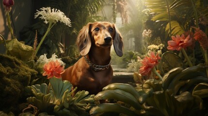 Emphasize the dachshund's elegance as it explores a pet-friendly botanical garden.