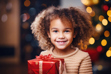 Fototapeta na wymiar African girl smile shaking christmas present, happy child gets gift
