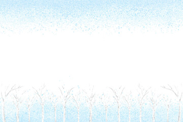 雪がきらめく白い樹木の背景フレーム。冬らしい爽やかなイラスト。