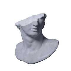 3D rendering illustration of a broken marble fragment of head sculpture in classical style in monochromatic grey tones isolated on white background. 
