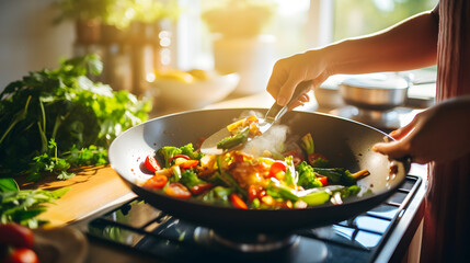 Close up of a white caucasian woman's hands holding a frying pan and making a stir fry - obrazy, fototapety, plakaty