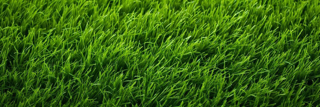 Wide format background image of green carpet of neatly trimmed grass. Beautiful grass texture on bright green mowed lawn, grassplot in nature. generative AI