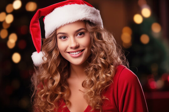 Happy brunette woman smile with santa hat, christmas tree decoration