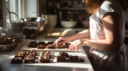 Close up of a white woman's hands making chocolates in a home kitchen 