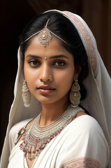 An Indian woman in traditional white attire. Ivory grace. Generative Ai