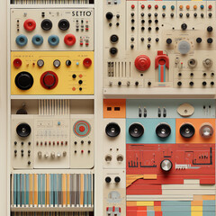 Retro vintage technology collage repeat pattern 80s audio music - obrazy, fototapety, plakaty