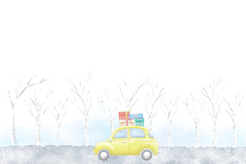 プレゼントを乗せた黄色い車が雪降る並木道をドライブする水彩フレーム。クリスマスや冬のお祝い向けのイラスト。