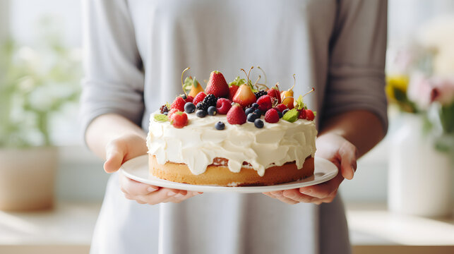 Close Up Of A White Caucasian Woman's Hands Holding A Birthday Cake