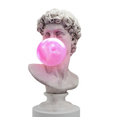Funny concept illustration from 3d rendering of classical head sculpture blowing a pink chewing gum bubble. Isolated on blue background.