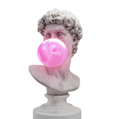 Funny concept illustration from 3d rendering of classical head sculpture blowing a pink chewing gum bubble. Isolated on blue background. © Rrose Selavy