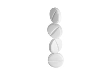 White capsules, pills or tablets standing vertically in a row on top of each other. on isolated transparent background