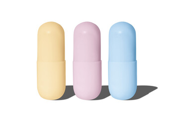 Capsules of different colors in a row. on isolated transparent background