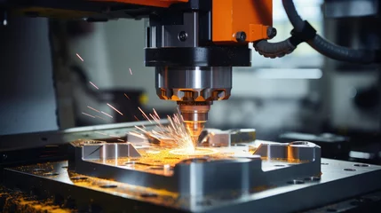 Foto op Plexiglas Metalworking industry: finishing metal working internal steel surface on lathe grinder machine with flying sparks © Sasint