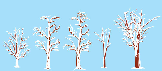 Set of snowed trees for winter landscapes and design elements. Vector illustration isolated on blue background.