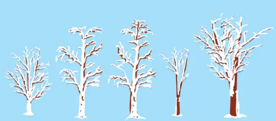 Fotobehang Set of snowed trees for winter landscapes and design elements. Vector illustration isolated on blue background. © George_Co