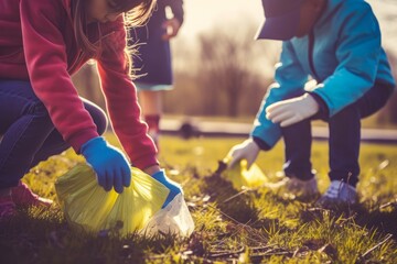 Children picking up trash. Generate Ai