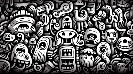 Hand drawn cartoon abstract artistic black and white graffiti pattern
