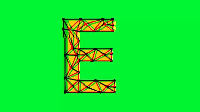 Polygonal letter e animation with glitch effect on green background, 4k resolution video, text motion graphic