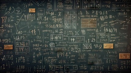 School children write math formulas on the blackboard. Asian primary school students are solving geometric problems on the blackboard