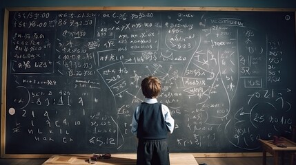 School children write math formulas on the blackboard. Asian primary school students are solving geometric problems on the blackboard