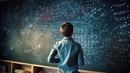 School children write math formulas on the blackboard. Asian primary school students are solving geometric problems on the blackboard - obrazy, fototapety, plakaty