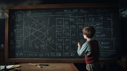 School children write math formulas on the blackboard. Asian primary school students are solving geometric problems on the blackboard