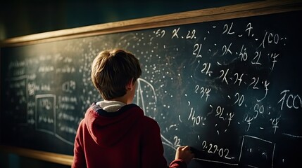 School children write math formulas on the blackboard. Asian primary school students are solving geometric problems on the blackboard