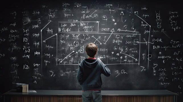 School children write math formulas on the blackboard. Asian primary school students are solving geometric problems on the blackboard