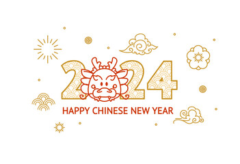Happy Chinese New Year of Green Wooden Dragon Greeting Concept with Thin Line Icons. Vector illustration - 648813634