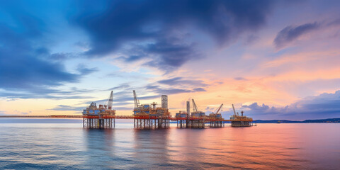 Fototapeta na wymiar Panorama view of offshore oil and Gas processing platform in sunset time, Concept of exploration and petroleum production industry in the sea.