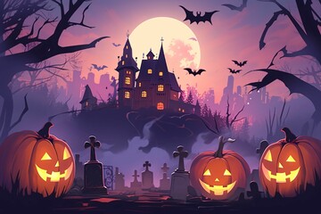 Halloween night background with pumpkins and haunted house, illustration