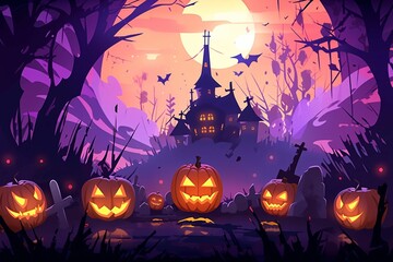 Halloween night background with pumpkins and haunted house, illustration