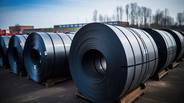 Rolls of carbon steel sheets outside the warehouse yard