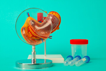 Anatomical model of human stomach with magnifying glass and test tubes and jar for analysis on blue...