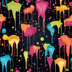 Colorful paint splashes on black background repeat pattern