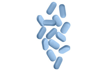 Blue capsules fly in a chaotic manner in the air. Lots of pills. on isolated transparent background