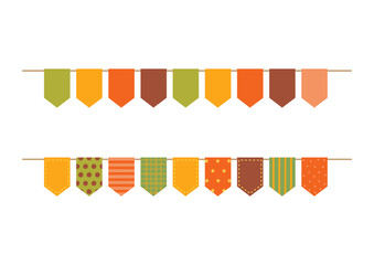 Autumn colors party flag garland on white background.