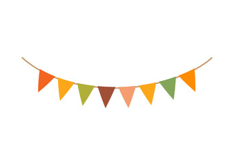 Autumn colors triangle party flag garland on white background.