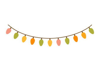 Autumn colors string light bulb garland on white background.