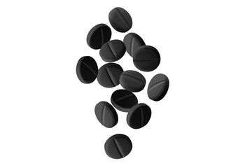 Black pills or capsules. Activated carbon. on isolated transparent background