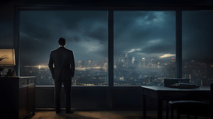 Fototapeta na wymiar Back side of a hopeful man standing in an office area in front of window.