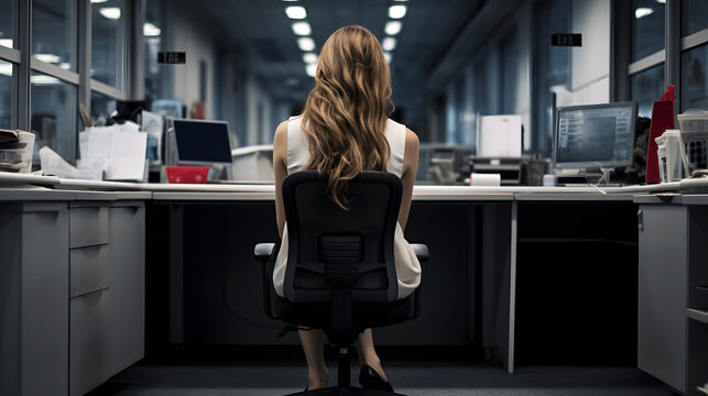 Back side of a hopeless woman sitting in an office area. Sad businesswoman.