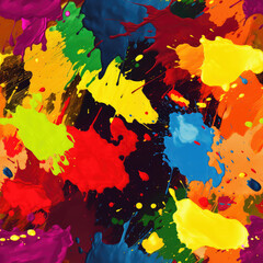 Colorful paint splashes on black background repeat pattern