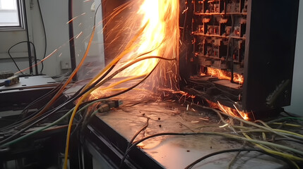 Industrial Electrical panel on fire, short circuit and junction cable box fire in house appartment or factory. Generation AI