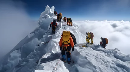 Fototapete Mount Everest Group of climbers tourist climb slope to top peak of mountain in sunny weather. Concept testing yourself