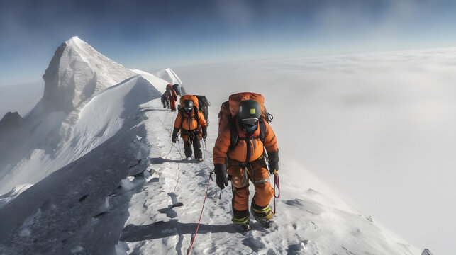 Group of climbers tourist climb slope to top peak of mountain in sunny weather. Concept testing yourself