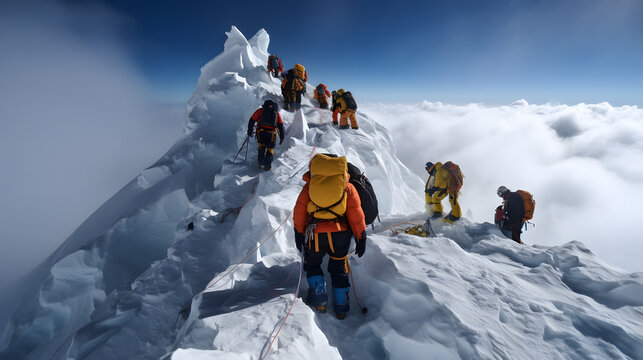 Group of climbers tourist climb slope to top peak of mountain in sunny weather. Concept testing yourself